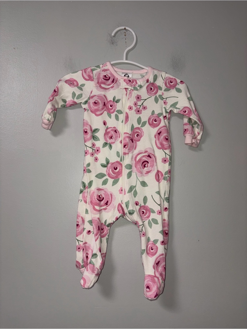 Gerber Cream & Pink Rose Floral Zip Footie Sleeper Girls 0-3M